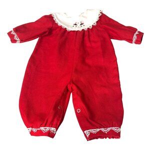 Vintage Goodlad 6-9 m Red Lace-Trimmed Baby‎ Romper With Embroidered Collar